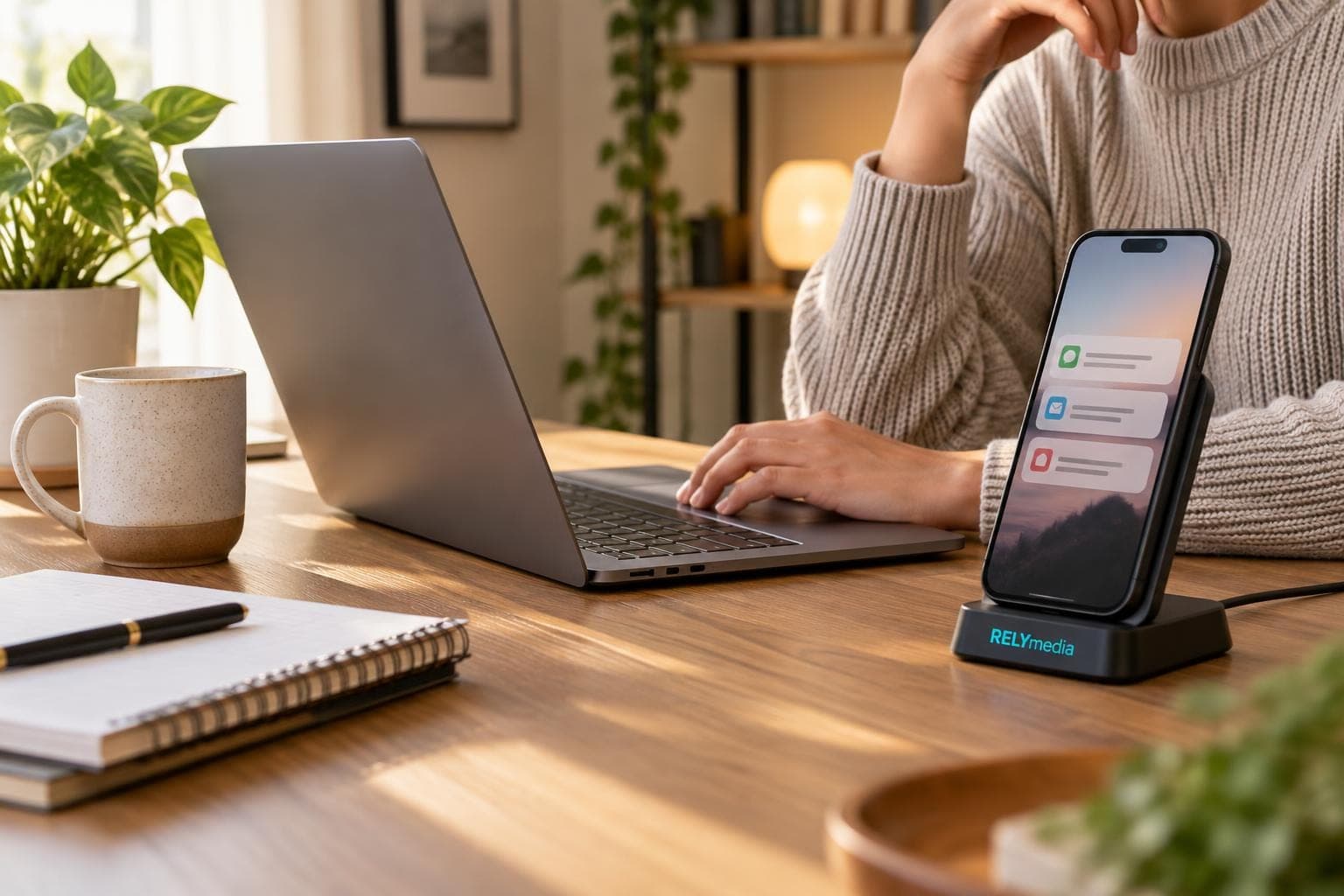 Phone upright on a wireless charging stand on a home office desk