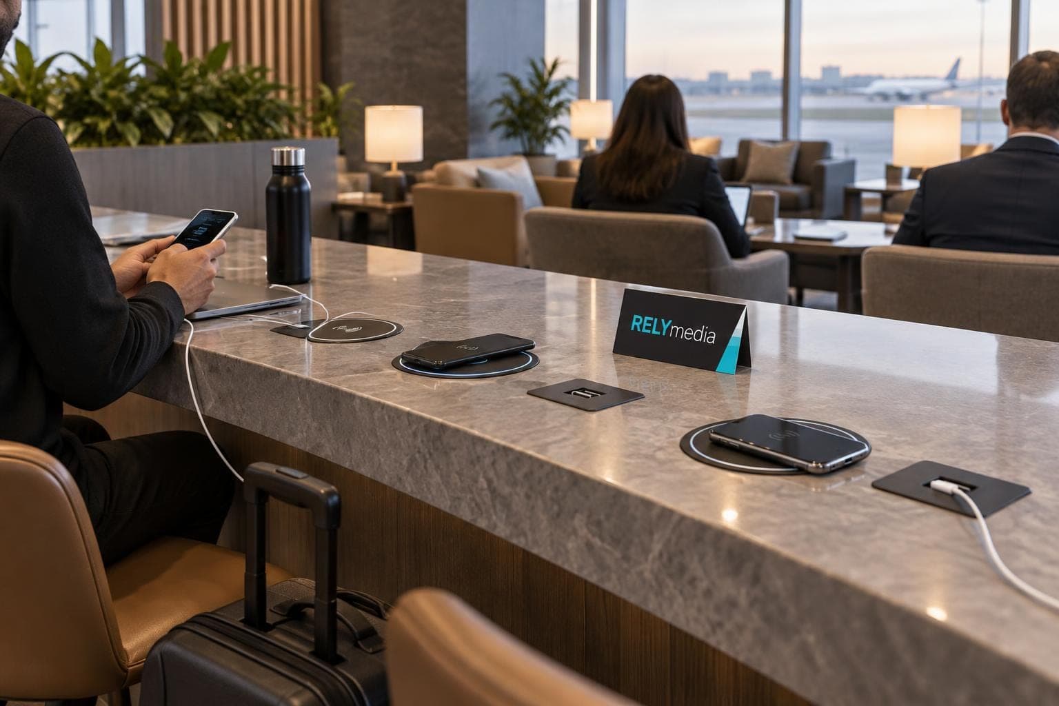 Phones charging on a counter in a lounge area
