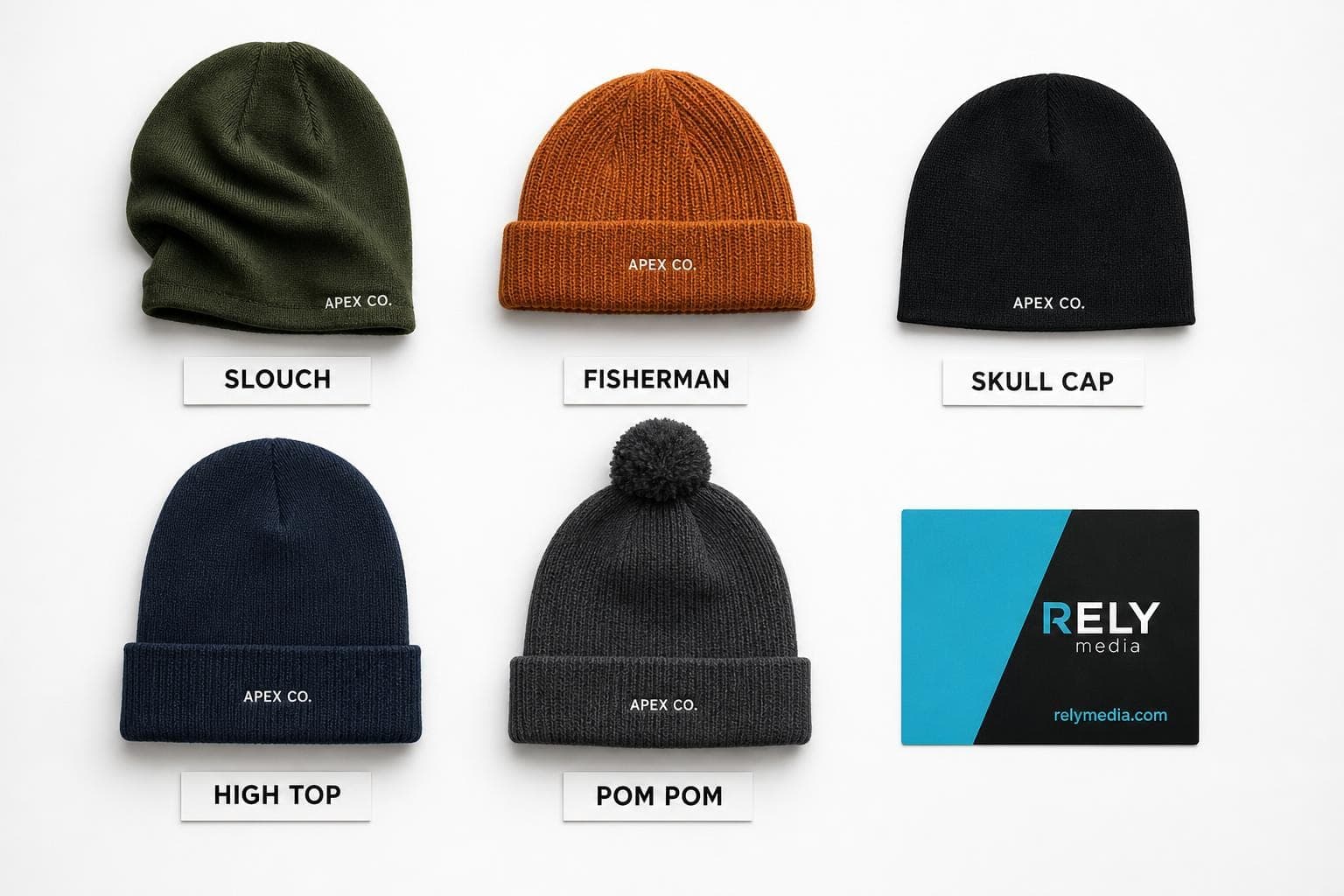 Five beanie styles laid out side by side